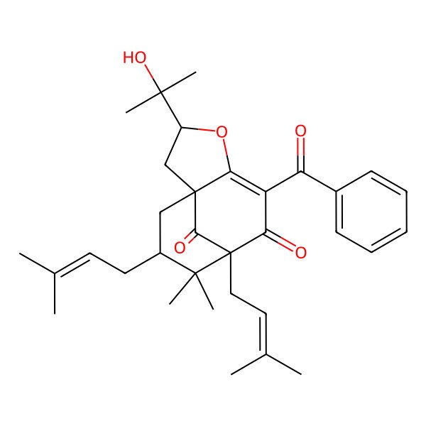 2D Structure of 6-Benzoyl-3-(2-hydroxypropan-2-yl)-9,9-dimethyl-8,10-bis(3-methylbut-2-enyl)-4-oxatricyclo[6.3.1.01,5]dodec-5-ene-7,12-dione