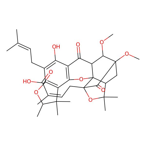 2D Structure of 4-[11-Hydroxy-15,16-dimethoxy-6,6,7,20,20-pentamethyl-10-(3-methylbut-2-enyl)-13,17-dioxo-3,8,19-trioxahexacyclo[14.4.1.02,14.02,18.04,12.05,9]henicosa-4(12),5(9),10-trien-18-yl]-2-methylbut-2-enoic acid