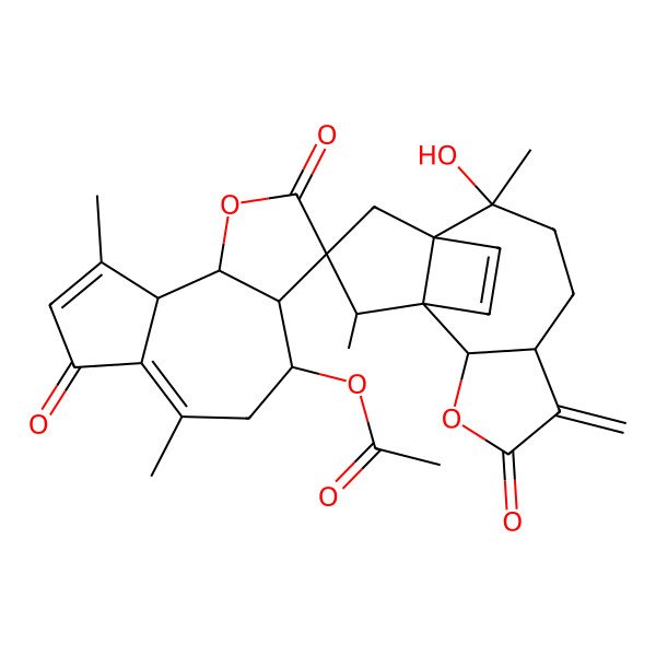 2D Structure of [(1S,2S,3'aR,4'S,6S,9R,9'aS,9'bR,10S,12S,13R)-9-hydroxy-6',9,9',13-tetramethyl-5-methylidene-2',4,7'-trioxospiro[3-oxatetracyclo[8.3.2.01,10.02,6]pentadec-14-ene-12,3'-4,5,9a,9b-tetrahydro-3aH-azuleno[4,5-b]furan]-4'-yl] acetate