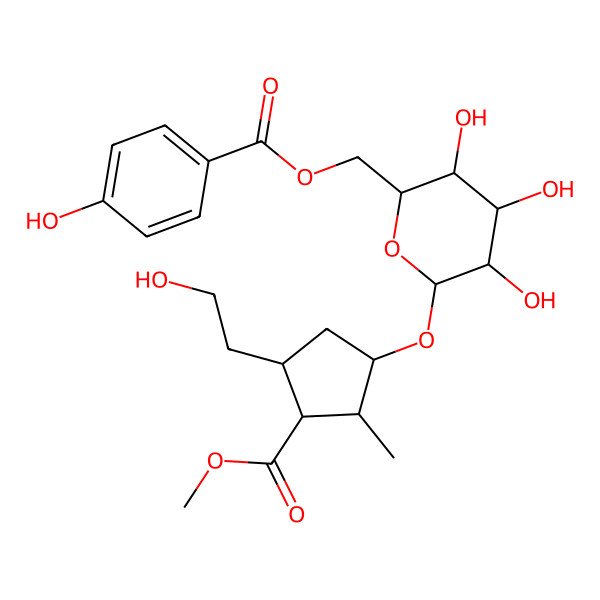 2D Structure of [(2R,3S,4S,5R,6R)-3,4,5-trihydroxy-6-[(1S,2S,3S,4S)-4-(2-hydroxyethyl)-3-methoxycarbonyl-2-methylcyclopentyl]oxyoxan-2-yl]methyl 4-hydroxybenzoate