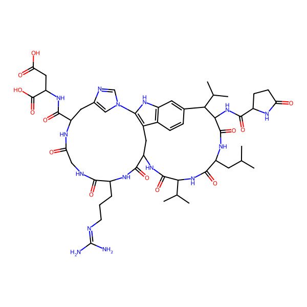 2D Structure of (2S)-2-[[(8R,9S,12S,15S,18S,21S,27R)-21-[3-(diaminomethylideneamino)propyl]-12-(2-methylpropyl)-10,13,16,19,22,25-hexaoxo-9-[[(2S)-5-oxopyrrolidine-2-carbonyl]amino]-8,15-di(propan-2-yl)-2,11,14,17,20,23,26,30,32-nonazapentacyclo[16.14.2.13,7.129,32.04,33]hexatriaconta-1(33),3,5,7(36),29(35),30-hexaene-27-carbonyl]amino]butanedioic acid