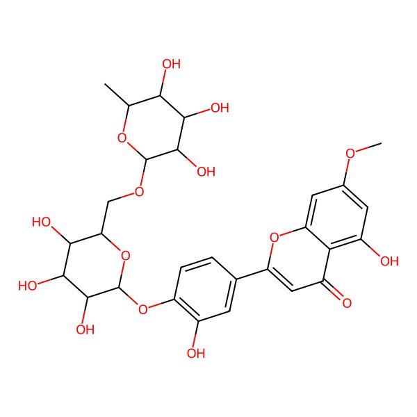 2D Structure of 5-Hydroxy-2-[3-hydroxy-4-[3,4,5-trihydroxy-6-[(3,4,5-trihydroxy-6-methyloxan-2-yl)oxymethyl]oxan-2-yl]oxyphenyl]-7-methoxychromen-4-one
