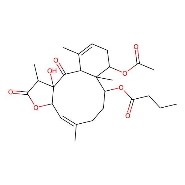 2D Structure of [(1S,3R,4R,7S,8Z,12R,13S,14S)-14-acetyloxy-3-hydroxy-4,9,13,17-tetramethyl-2,5-dioxo-6-oxatricyclo[11.4.0.03,7]heptadeca-8,16-dien-12-yl] butanoate