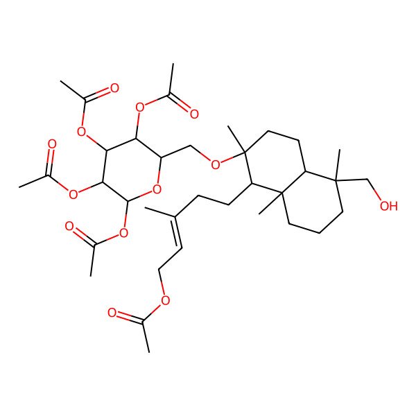 2D Structure of [(E)-5-[(1R,2R,5R,8aS)-5-(hydroxymethyl)-2,5,8a-trimethyl-2-[[(2R,3R,4S,5R)-3,4,5,6-tetraacetyloxyoxan-2-yl]methoxy]-3,4,4a,6,7,8-hexahydro-1H-naphthalen-1-yl]-3-methylpent-2-enyl] acetate
