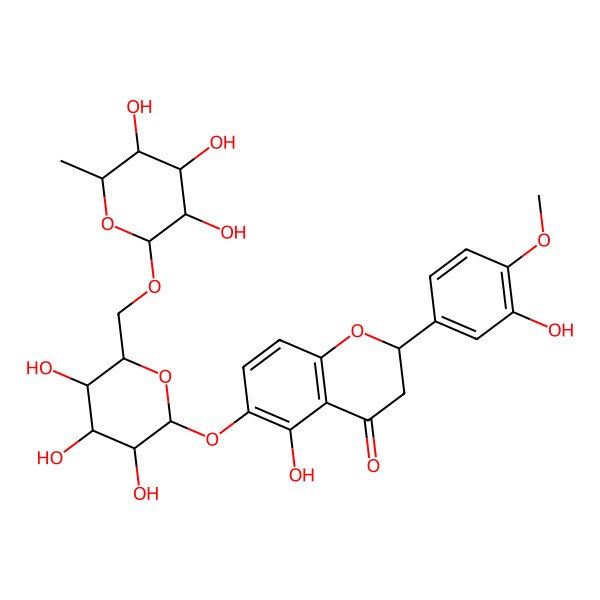 2D Structure of 5-Hydroxy-2-(3-hydroxy-4-methoxyphenyl)-6-[3,4,5-trihydroxy-6-[(3,4,5-trihydroxy-6-methyloxan-2-yl)oxymethyl]oxan-2-yl]oxy-2,3-dihydrochromen-4-one