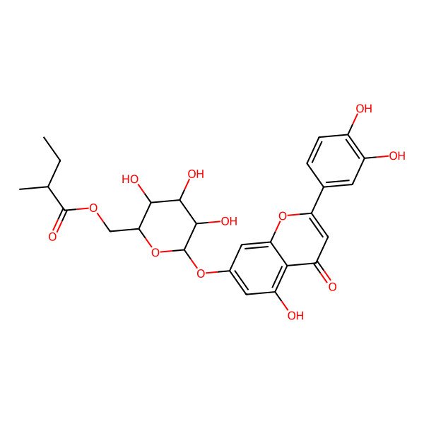 2D Structure of [(2S,3S,4S,5R,6S)-6-[2-(3,4-dihydroxyphenyl)-5-hydroxy-4-oxochromen-7-yl]oxy-3,4,5-trihydroxyoxan-2-yl]methyl (2S)-2-methylbutanoate