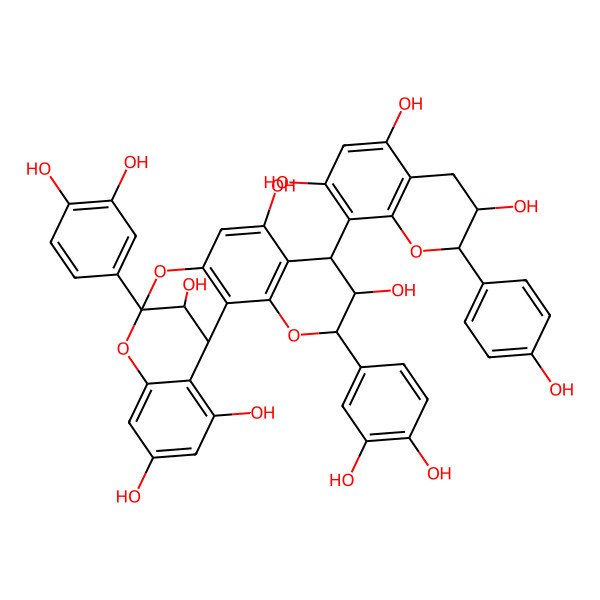 2D Structure of (1R,5R,6R,7S,13S,21R)-5,13-bis(3,4-dihydroxyphenyl)-7-[(2R,3R)-3,5,7-trihydroxy-2-(4-hydroxyphenyl)-3,4-dihydro-2H-chromen-8-yl]-4,12,14-trioxapentacyclo[11.7.1.02,11.03,8.015,20]henicosa-2(11),3(8),9,15,17,19-hexaene-6,9,17,19,21-pentol