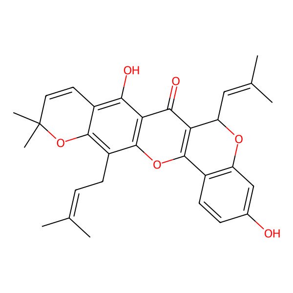 2D Structure of (11S)-7,15-dihydroxy-19,19-dimethyl-22-(3-methylbut-2-enyl)-11-(2-methylprop-1-enyl)-2,10,20-trioxapentacyclo[12.8.0.03,12.04,9.016,21]docosa-1(14),3(12),4(9),5,7,15,17,21-octaen-13-one