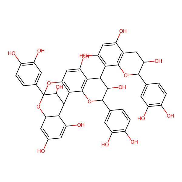 2D Structure of (1R,5R,6R,7S,13S,15R,20S,21R)-5,13-bis(3,4-dihydroxyphenyl)-7-[(2R,3R)-2-(3,4-dihydroxyphenyl)-3,5,7-trihydroxy-3,4-dihydro-2H-chromen-8-yl]-4,12,14-trioxapentacyclo[11.7.1.02,11.03,8.015,20]henicosa-2(11),3(8),9,16,18-pentaene-6,9,17,19,21-pentol