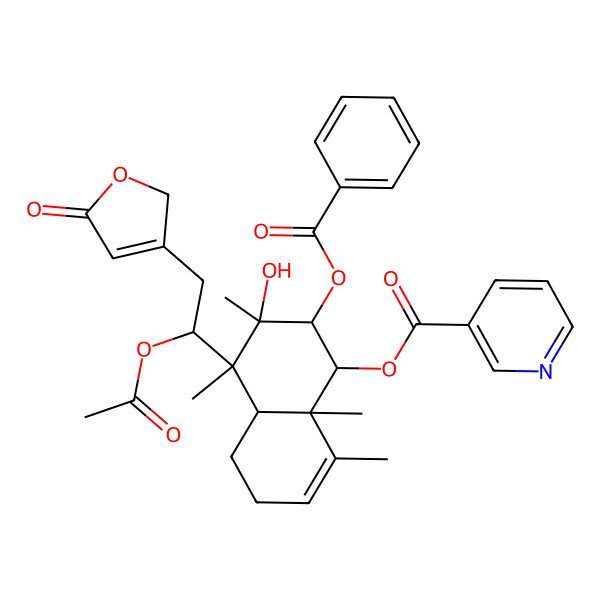 2D Structure of [4-[1-acetyloxy-2-(5-oxo-2H-furan-3-yl)ethyl]-2-benzoyloxy-3-hydroxy-3,4,8,8a-tetramethyl-2,4a,5,6-tetrahydro-1H-naphthalen-1-yl] pyridine-3-carboxylate