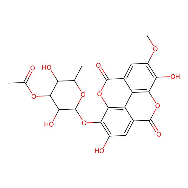2D Structure of [2-[(6,14-Dihydroxy-13-methoxy-3,10-dioxo-2,9-dioxatetracyclo[6.6.2.04,16.011,15]hexadeca-1(15),4,6,8(16),11,13-hexaen-7-yl)oxy]-3,5-dihydroxy-6-methyloxan-4-yl] acetate