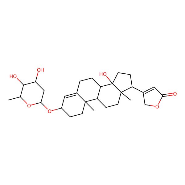 2D Structure of 3-[(3R,8R,9S,10R,13R,14R,17R)-3-[(2R,4R,5S,6R)-4,5-dihydroxy-6-methyloxan-2-yl]oxy-14-hydroxy-10,13-dimethyl-1,2,3,6,7,8,9,11,12,15,16,17-dodecahydrocyclopenta[a]phenanthren-17-yl]-2H-furan-5-one