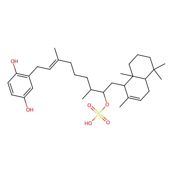 2D Structure of [(Z,2R,3R)-1-[(1S,4aS,8aS)-2,5,5,8a-tetramethyl-1,4,4a,6,7,8-hexahydronaphthalen-1-yl]-9-(2,5-dihydroxyphenyl)-3,7-dimethylnon-7-en-2-yl] hydrogen sulfate