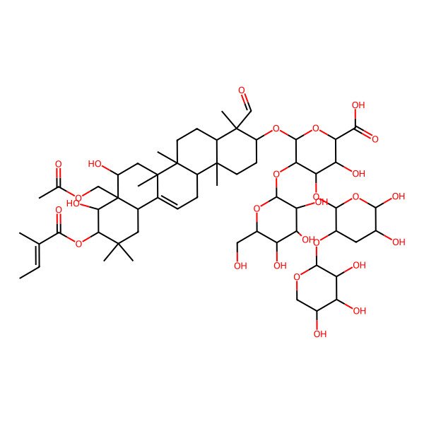 2D Structure of (2S,3S,4S,5R,6R)-6-[[(3S,4S,4aR,6aR,6bS,8R,8aR,9R,10R,12aS,14aR,14bR)-8a-(acetyloxymethyl)-4-formyl-8,9-dihydroxy-4,6a,6b,11,11,14b-hexamethyl-10-[(E)-2-methylbut-2-enoyl]oxy-1,2,3,4a,5,6,7,8,9,10,12,12a,14,14a-tetradecahydropicen-3-yl]oxy]-4-[(2R,3R,5R,6S)-5,6-dihydroxy-3-[(2S,3R,4S,5R)-3,4,5-trihydroxyoxan-2-yl]oxyoxan-2-yl]oxy-3-hydroxy-5-[(2S,3R,4S,5R,6R)-3,4,5-trihydroxy-6-(hydroxymethyl)oxan-2-yl]oxyoxane-2-carboxylic acid