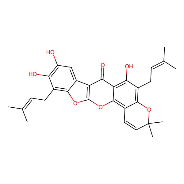 2D Structure of 6,7,21-Trihydroxy-17,17-dimethyl-8,20-bis(3-methylbut-2-enyl)-10,12,18-trioxapentacyclo[11.8.0.03,11.04,9.014,19]henicosa-1(21),3(11),4,6,8,13,15,19-octaen-2-one
