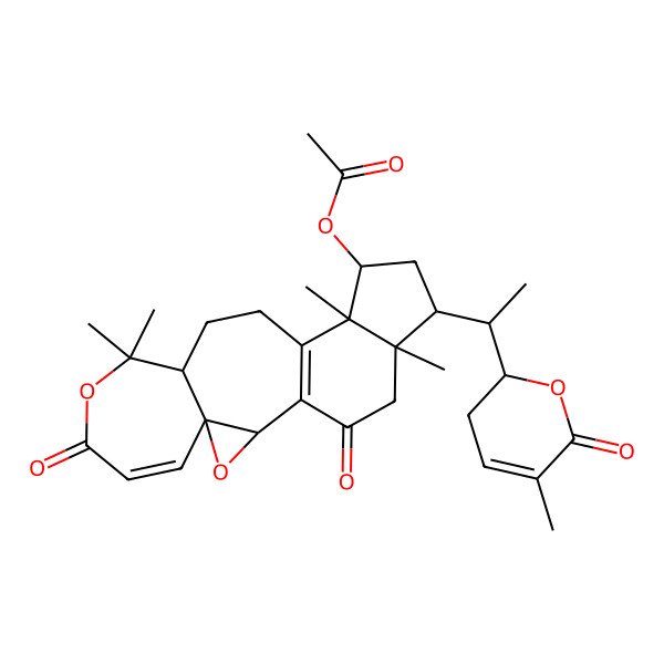 2D Structure of [9,9,14,18-Tetramethyl-17-[1-(5-methyl-6-oxo-2,3-dihydropyran-2-yl)ethyl]-7,20-dioxo-3,8-dioxapentacyclo[11.7.0.02,4.04,10.014,18]icosa-1(13),5-dien-15-yl] acetate