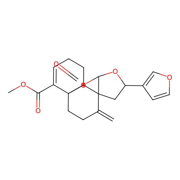 2D Structure of Methyl 6-(furan-3-yl)-16-methylidene-2-oxo-3,5-dioxatetracyclo[6.5.3.01,9.04,8]hexadec-12-ene-13-carboxylate