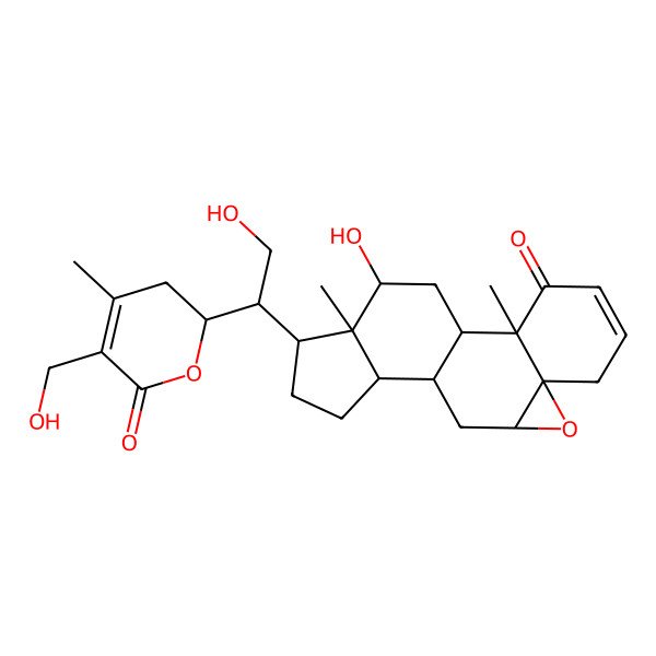 2D Structure of (1R,2R,7S,9R,11R,12S,15R,16S,17R)-17-hydroxy-15-[(1R)-2-hydroxy-1-[(2R)-5-(hydroxymethyl)-4-methyl-6-oxo-2,3-dihydropyran-2-yl]ethyl]-2,16-dimethyl-8-oxapentacyclo[9.7.0.02,7.07,9.012,16]octadec-4-en-3-one