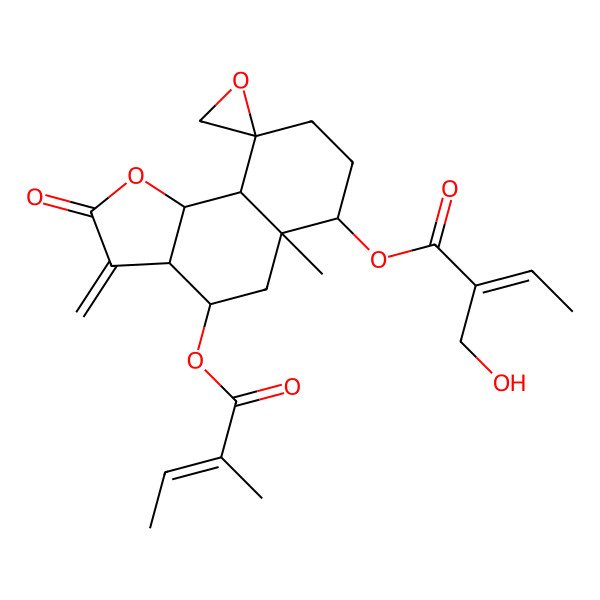 2D Structure of [(3aR,4S,5aR,6S,9S,9aS,9bS)-5a-methyl-4-[(Z)-2-methylbut-2-enoyl]oxy-3-methylidene-2-oxospiro[3a,4,5,6,7,8,9a,9b-octahydrobenzo[g][1]benzofuran-9,2'-oxirane]-6-yl] (Z)-2-(hydroxymethyl)but-2-enoate