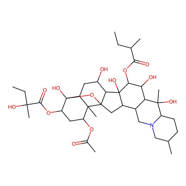 2D Structure of [(1S,2S,6S,9S,10S,11R,12R,13S,14S,15S,16R,18S,19R,20S,22S,23S,25R)-20-acetyloxy-10,12,14,16,23-pentahydroxy-6,10,19-trimethyl-13-[(2S)-2-methylbutanoyl]oxy-24-oxa-4-azaheptacyclo[12.12.0.02,11.04,9.015,25.018,23.019,25]hexacosan-22-yl] (2S)-2-hydroxy-2-methylbutanoate