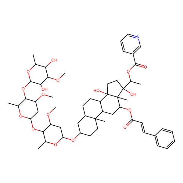2D Structure of 1-[3-[5-[5-(3,5-dihydroxy-4-methoxy-6-methyloxan-2-yl)oxy-4-methoxy-6-methyloxan-2-yl]oxy-4-methoxy-6-methyloxan-2-yl]oxy-14,17-dihydroxy-10,13-dimethyl-12-(3-phenylprop-2-enoyloxy)-2,3,4,5,6,7,8,9,11,12,15,16-dodecahydro-1H-cyclopenta[a]phenanthren-17-yl]ethyl pyridine-3-carboxylate