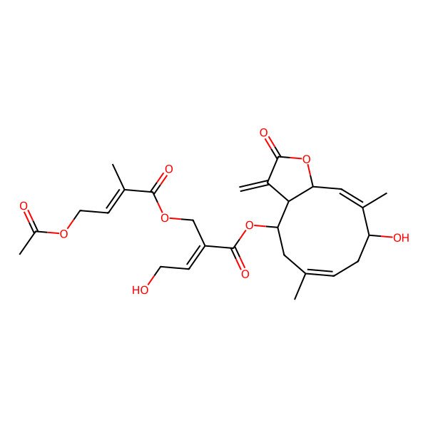 2D Structure of [(3aR,4R,6E,9R,10E,11aR)-9-hydroxy-6,10-dimethyl-3-methylidene-2-oxo-3a,4,5,8,9,11a-hexahydrocyclodeca[b]furan-4-yl] (E)-2-[[(E)-4-acetyloxy-2-methylbut-2-enoyl]oxymethyl]-4-hydroxybut-2-enoate