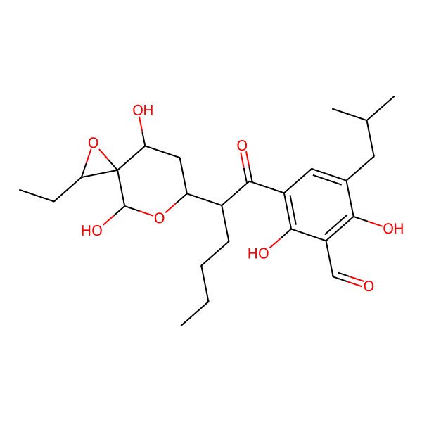 2D Structure of 3-[2-(2-Ethyl-4,8-dihydroxy-1,7-dioxaspiro[2.5]octan-6-yl)hexanoyl]-2,6-dihydroxy-5-(2-methylpropyl)benzaldehyde