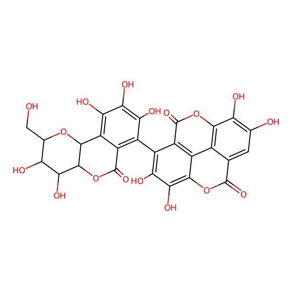 2D Structure of 5-[(2R,3S,4S,4aR,10bR)-3,4,8,9,10-pentahydroxy-2-(hydroxymethyl)-6-oxo-3,4,4a,10b-tetrahydro-2H-pyrano[3,2-c]isochromen-7-yl]-6,7,13,14-tetrahydroxy-2,9-dioxatetracyclo[6.6.2.04,16.011,15]hexadeca-1(15),4(16),5,7,11,13-hexaene-3,10-dione