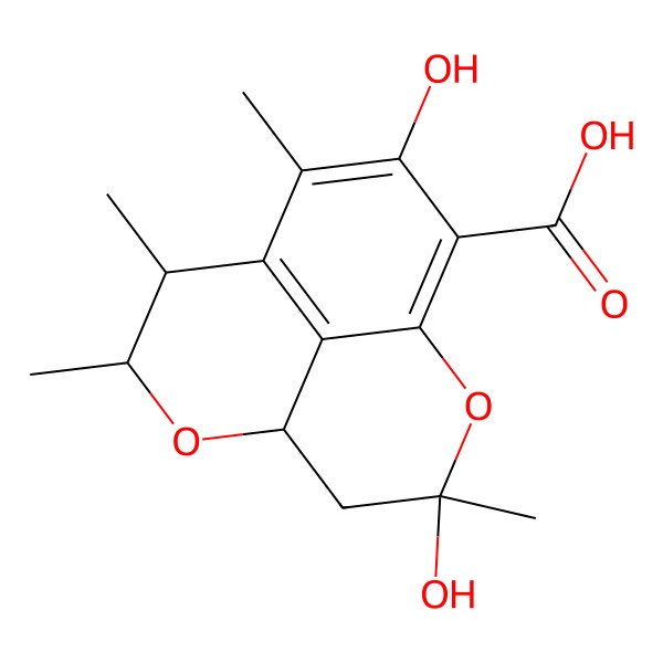 2D Structure of 3,11-Dihydroxy-3,7,8,10-tetramethyl-2,6-dioxatricyclo[7.3.1.05,13]trideca-1(13),9,11-triene-12-carboxylic acid