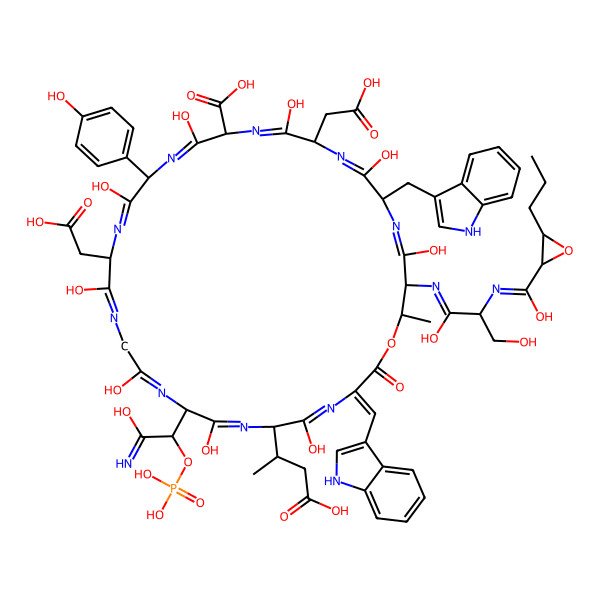2D Structure of (3Z,6S,9R,15S,18R,21R,24S,27R,30S,31R)-15,24-bis(carboxymethyl)-6-(1-carboxypropan-2-yl)-30-[[(2S)-1,3-dihydroxy-2-[[hydroxy-(3-propyloxiran-2-yl)methylidene]amino]propylidene]amino]-5,8,11,14,17,20,23,26,29-nonahydroxy-9-[(1S)-2-hydroxy-2-imino-1-phosphonooxyethyl]-18-(4-hydroxyphenyl)-27-(1H-indol-3-ylmethyl)-3-(1H-indol-3-ylmethylidene)-31-methyl-2-oxo-1-oxa-4,7,10,13,16,19,22,25,28-nonazacyclohentriaconta-4,7,10,13,16,19,22,25,28-nonaene-21-carboxylic acid