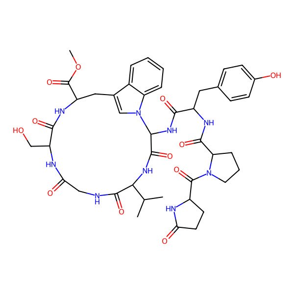 2D Structure of Methyl 11-(hydroxymethyl)-2-[[3-(4-hydroxyphenyl)-2-[[1-(5-oxopyrrolidine-2-carbonyl)pyrrolidine-2-carbonyl]amino]propanoyl]amino]-3,6,9,12-tetraoxo-5-propan-2-yl-1,4,7,10,13-pentazatricyclo[14.6.1.017,22]tricosa-16(23),17,19,21-tetraene-14-carboxylate