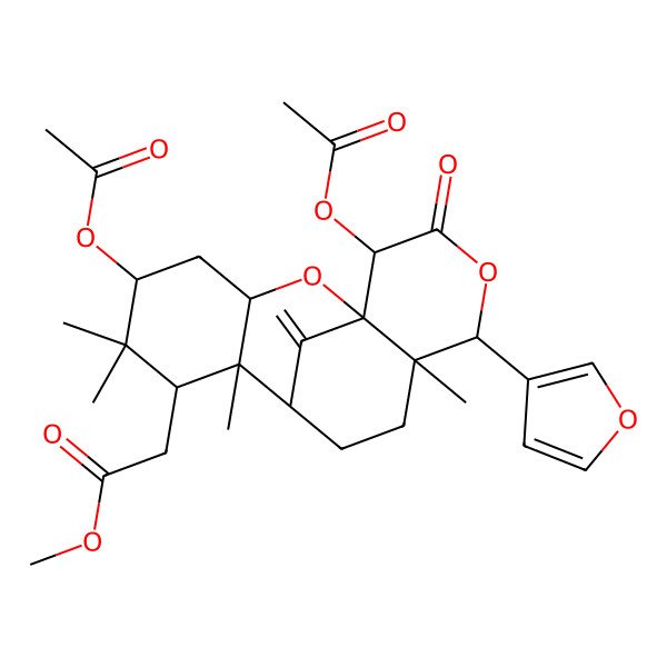 2D Structure of methyl 2-[(1S,3S,5R,7S,8S,9R,12S,13S,16S)-5,16-diacetyloxy-13-(furan-3-yl)-6,6,8,12-tetramethyl-17-methylidene-15-oxo-2,14-dioxatetracyclo[7.7.1.01,12.03,8]heptadecan-7-yl]acetate
