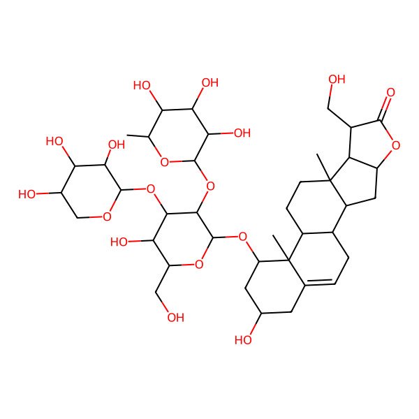 2D Structure of 16-Hydroxy-14-[5-hydroxy-6-(hydroxymethyl)-3-(3,4,5-trihydroxy-6-methyloxan-2-yl)oxy-4-(3,4,5-trihydroxyoxan-2-yl)oxyoxan-2-yl]oxy-7-(hydroxymethyl)-9,13-dimethyl-5-oxapentacyclo[10.8.0.02,9.04,8.013,18]icos-18-en-6-one