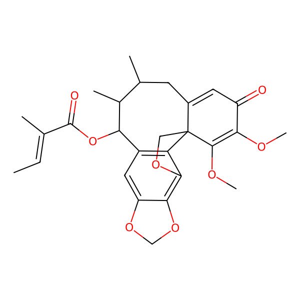 2D Structure of [(1R,12R,13R,14R)-19,20-dimethoxy-13,14-dimethyl-18-oxo-3,6,8-trioxapentacyclo[9.9.1.01,16.04,21.05,9]henicosa-4(21),5(9),10,16,19-pentaen-12-yl] (Z)-2-methylbut-2-enoate