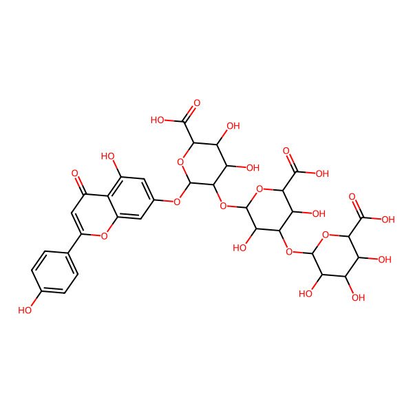 2D Structure of (2S,3S,4S,5R,6R)-6-[(2S,3S,4S,5R,6R)-2-carboxy-6-[(2S,3R,4S,5S,6S)-6-carboxy-4,5-dihydroxy-2-[5-hydroxy-2-(4-hydroxyphenyl)-4-oxochromen-7-yl]oxyoxan-3-yl]oxy-3,5-dihydroxyoxan-4-yl]oxy-3,4,5-trihydroxyoxane-2-carboxylic acid