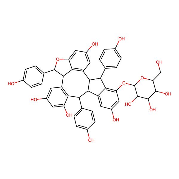2D Structure of (2R,3R,10S,11S,18S,19S)-3,11,19-tris(4-hydroxyphenyl)-5-[(2S,3R,4S,5S,6R)-3,4,5-trihydroxy-6-(hydroxymethyl)oxan-2-yl]oxy-20-oxahexacyclo[16.6.1.02,10.04,9.012,17.021,25]pentacosa-1(25),4(9),5,7,12(17),13,15,21,23-nonaene-7,13,15,23-tetrol