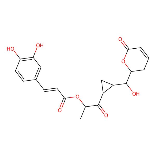 2D Structure of [(2R)-1-[(1S,2S)-2-[(S)-hydroxy-[(2R)-6-oxo-2,3-dihydropyran-2-yl]methyl]cyclopropyl]-1-oxopropan-2-yl] (Z)-3-(3,4-dihydroxyphenyl)prop-2-enoate
