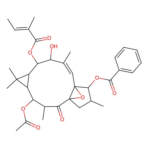 2D Structure of [(1R,3R,4S,5R,7S,8S,9R,10E,12S,13S,14R)-4-acetyloxy-9-hydroxy-3,6,6,10,14-pentamethyl-8-[(E)-2-methylbut-2-enoyl]oxy-2-oxo-16-oxatetracyclo[10.3.1.01,12.05,7]hexadec-10-en-13-yl] benzoate