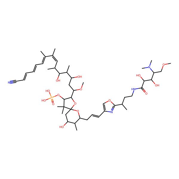 2D Structure of [(2R,3R,5R,7R,8S,9S)-2-[(1S,3S,4S,5R,6R,7E,9Z,11E,13Z)-14-cyano-3,5-dihydroxy-1-methoxy-4,6,8,9-tetramethyltetradeca-7,9,11,13-tetraenyl]-9-[(E)-3-[2-[(2S)-4-[[(2S,3S,4S)-4-(dimethylamino)-2,3-dihydroxy-5-methoxypentanoyl]amino]butan-2-yl]-1,3-oxazol-4-yl]prop-2-enyl]-7-hydroxy-4,4,8-trimethyl-1,10-dioxaspiro[4.5]decan-3-yl] dihydrogen phosphate