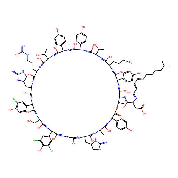 2D Structure of 4-[[42-(3-aminopropyl)-21-(3-chloro-4-hydroxyphenyl)-15-(3,5-dichloro-4-hydroxyphenyl)-5,8,11,14,17,20,23,26,29,32,35,38,41,44,47-pentadecahydroxy-27-[3-[(C-hydroxycarbonimidoyl)amino]propyl]-30,39-bis(1-hydroxyethyl)-18-(hydroxymethyl)-3,33,36,45-tetrakis(4-hydroxyphenyl)-9,24-bis[(2-iminoimidazolidin-4-yl)methyl]-6,49-dimethyl-2-oxo-1-oxa-4,7,10,13,16,19,22,25,28,31,34,37,40,43,46-pentadecazacyclononatetraconta-4,7,10,13,16,19,22,25,28,31,34,37,40,43,46-pentadecaen-48-yl]imino]-4-hydroxy-3-[(1-hydroxy-10-methylundeca-2,4-dienylidene)amino]butanoic acid
