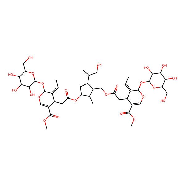 2D Structure of methyl (4S,5E,6S)-5-ethylidene-4-[2-[[(1S,2R,3S,5S)-3-[2-[(2S,3E,4S)-3-ethylidene-5-methoxycarbonyl-2-[(2S,3R,4S,5S,6R)-3,4,5-trihydroxy-6-(hydroxymethyl)oxan-2-yl]oxy-4H-pyran-4-yl]acetyl]oxy-5-[(2S)-1-hydroxypropan-2-yl]-2-methylcyclopentyl]methoxy]-2-oxoethyl]-6-[(2S,3R,4S,5S,6R)-3,4,5-trihydroxy-6-(hydroxymethyl)oxan-2-yl]oxy-4H-pyran-3-carboxylate