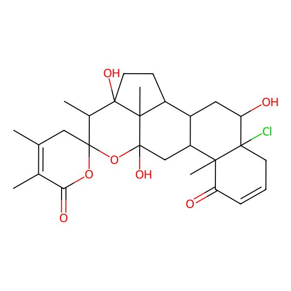 2D Structure of 5-chloro-4,13,17-trihydroxy-4',5',10,16,20-pentamethylspiro[14-oxapentacyclo[11.6.1.02,11.05,10.017,20]icos-7-ene-15,2'-3H-pyran]-6',9-dione