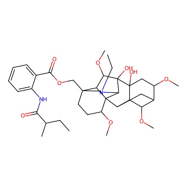 2D Structure of [(1S,2R,3R,4S,5R,6S,8R,9S,10S,13S,16S,17R,18S)-11-ethyl-8,9-dihydroxy-4,6,16,18-tetramethoxy-11-azahexacyclo[7.7.2.12,5.01,10.03,8.013,17]nonadecan-13-yl]methyl 2-[[(2S)-2-methylbutanoyl]amino]benzoate