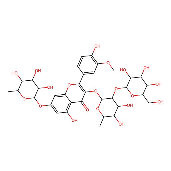 2D Structure of 3-[4,5-Dihydroxy-6-methyl-3-[3,4,5-trihydroxy-6-(hydroxymethyl)oxan-2-yl]oxyoxan-2-yl]oxy-5-hydroxy-2-(4-hydroxy-3-methoxyphenyl)-7-(3,4,5-trihydroxy-6-methyloxan-2-yl)oxychromen-4-one