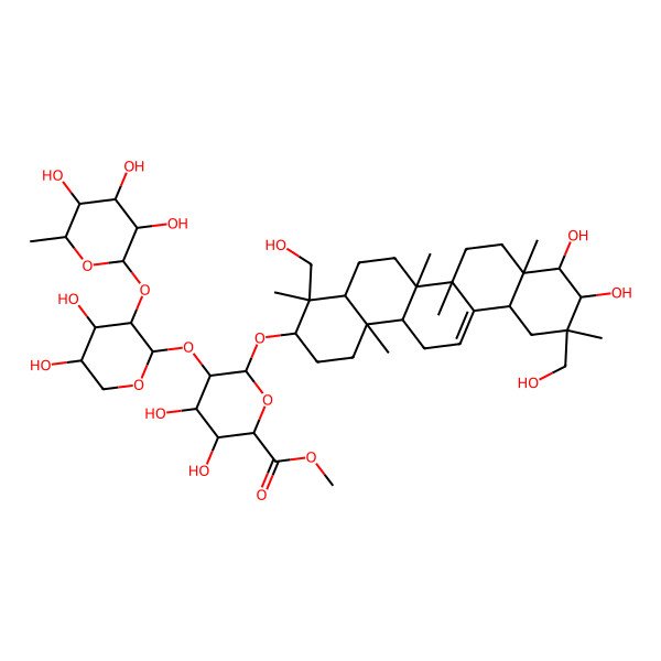 2D Structure of methyl (2S,3S,4S,5R,6R)-6-[[(3S,4S,4aR,6aR,6bS,8aR,9S,10R,11R,12aS,14aR,14bR)-9,10-dihydroxy-4,11-bis(hydroxymethyl)-4,6a,6b,8a,11,14b-hexamethyl-1,2,3,4a,5,6,7,8,9,10,12,12a,14,14a-tetradecahydropicen-3-yl]oxy]-5-[(2S,3R,4S,5S)-4,5-dihydroxy-3-[(2S,3R,4R,5R,6S)-3,4,5-trihydroxy-6-methyloxan-2-yl]oxyoxan-2-yl]oxy-3,4-dihydroxyoxane-2-carboxylate