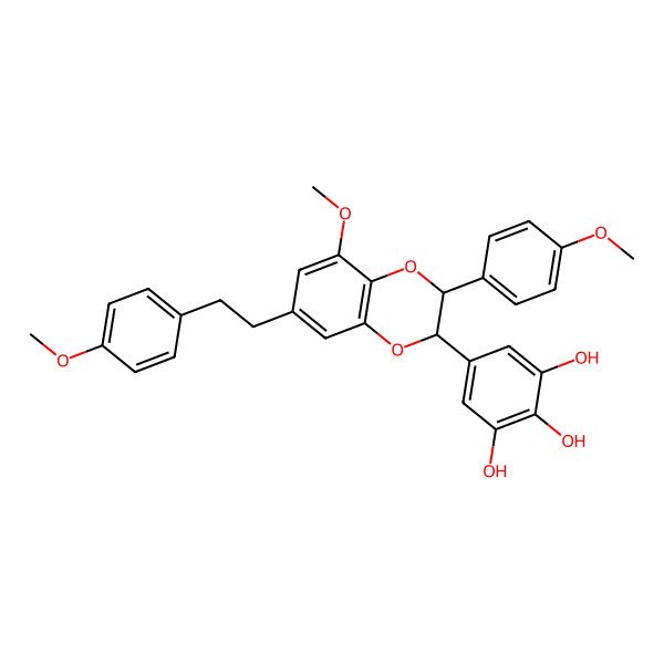 2D Structure of 5-[(2R,3R)-5-methoxy-3-(4-methoxyphenyl)-7-[2-(4-methoxyphenyl)ethyl]-2,3-dihydro-1,4-benzodioxin-2-yl]benzene-1,2,3-triol