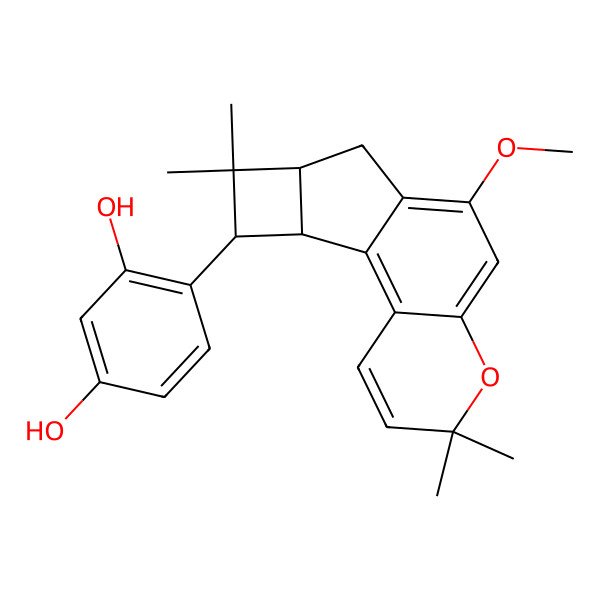 2D Structure of 4-(9-Methoxy-5,5,13,13-tetramethyl-6-oxatetracyclo[8.5.0.02,7.012,15]pentadeca-1,3,7,9-tetraen-14-yl)benzene-1,3-diol