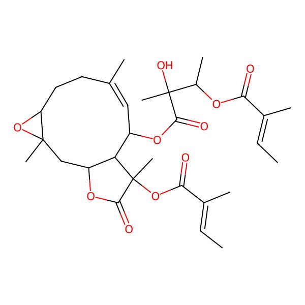 2D Structure of [(1R,3S,5R,8Z,10R,11S,12R)-3,8,12-trimethyl-12-[(Z)-2-methylbut-2-enoyl]oxy-13-oxo-4,14-dioxatricyclo[9.3.0.03,5]tetradec-8-en-10-yl] 2-hydroxy-2-methyl-3-[(Z)-2-methylbut-2-enoyl]oxybutanoate