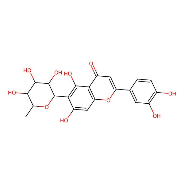 2D Structure of 2-(3,4-dihydroxyphenyl)-5,7-dihydroxy-6-[(2R,3R,4S,5S,6R)-3,4,5-trihydroxy-6-methyloxan-2-yl]chromen-4-one