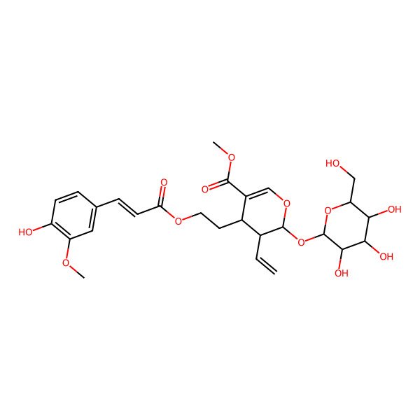 2D Structure of methyl (2S,3R,4S)-3-ethenyl-4-[2-[(E)-3-(4-hydroxy-3-methoxyphenyl)prop-2-enoyl]oxyethyl]-2-[(2S,3R,4S,5S,6R)-3,4,5-trihydroxy-6-(hydroxymethyl)oxan-2-yl]oxy-3,4-dihydro-2H-pyran-5-carboxylate